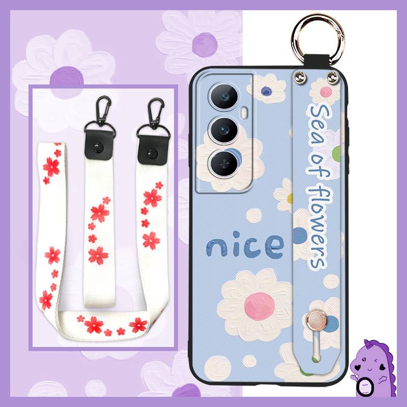 Phone Holder Durable Phone Case For Realme C65 Oil Painting Anti-dust Flower Silicone Shockproof Wristband Waterproof