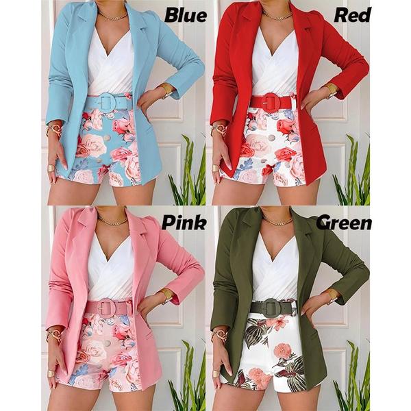 Женский костюм с длинными рукавами + шорты, мягкие однотонные деловые офисные блейзеры, женская куртка + брюки с цветочным принтом + ремень, комплект из трех предметов