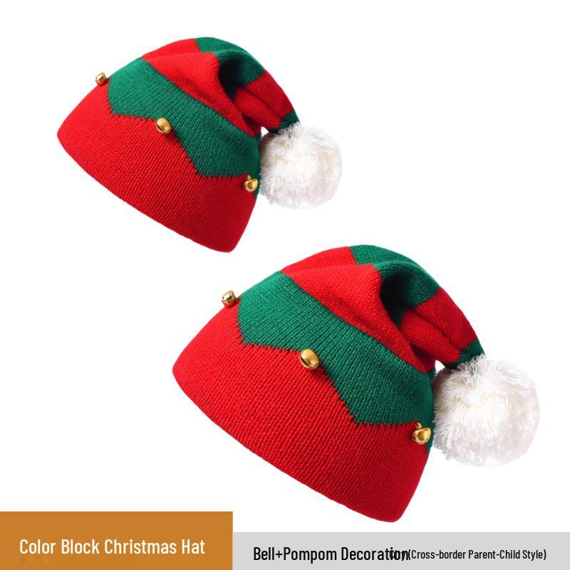 Рождественская детско-родительская вязаная шапка с колокольчиком и помпоном - Теплая праздничная шерстяная шапка