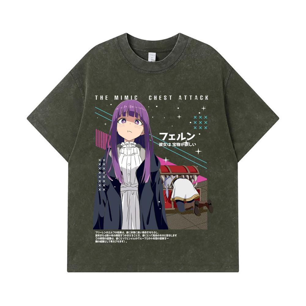 275 GSM Washed T-shirts 100% Cotton Frieren V2 Mimic Chest Attack Print Unisex Heavy Cotton T Shirt