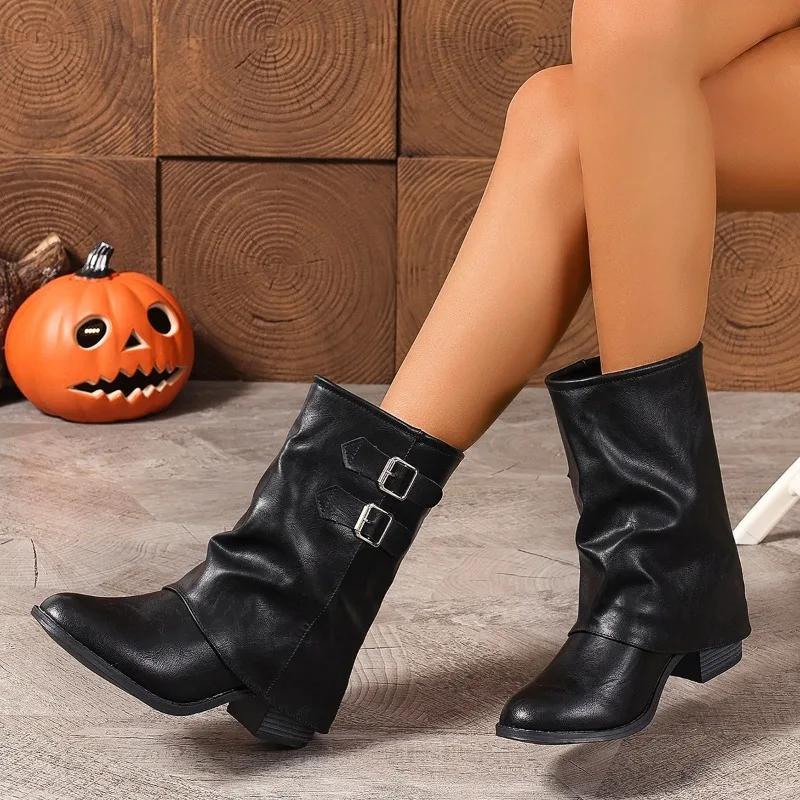 Fashion Buckles Trouser Boots for Women 2025 New Autumn Winter Chunky Heels Ankle Boots Punk Cool Comfy Combat Retro Style Ladies Shoes