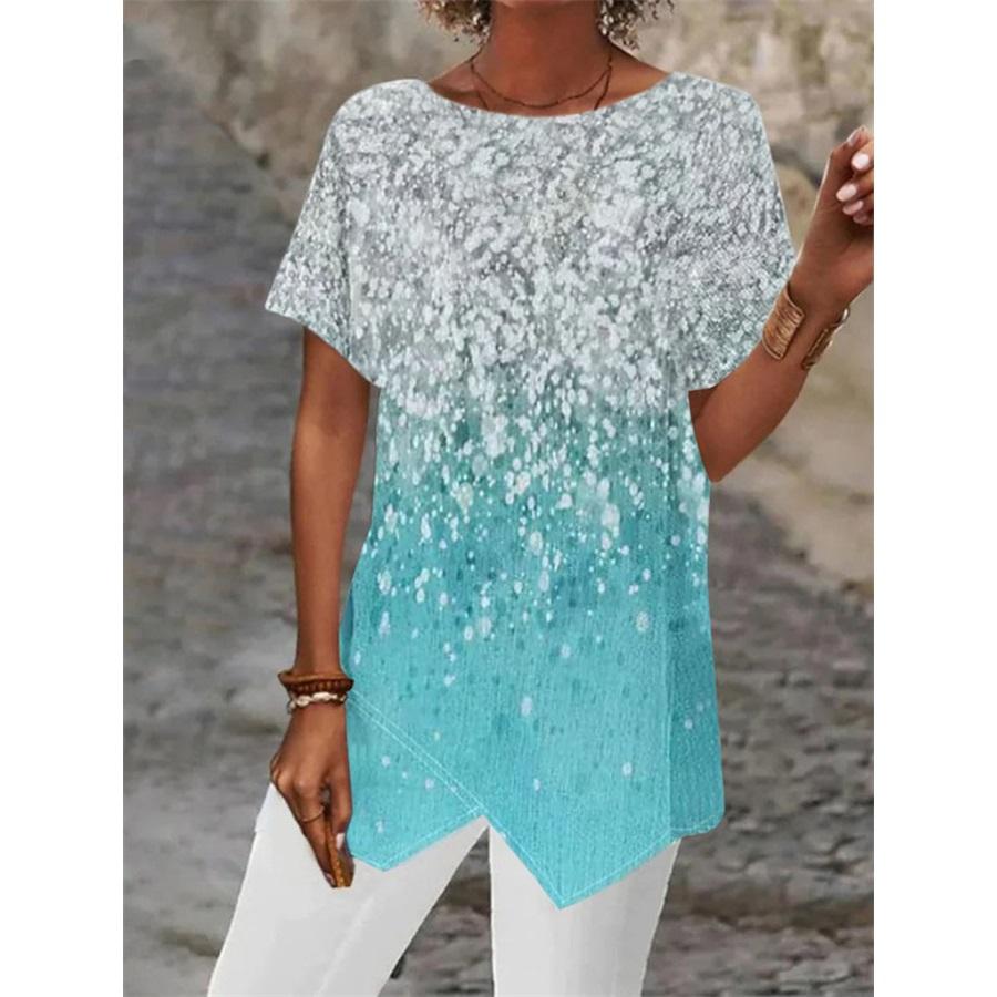 Women's Geometric Print Round Neck Loose Irregular Hem Short Sleeve T-Shirt
