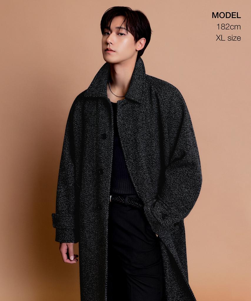 Musinsa Standard Wool Blend Twill Tweed Oversized Balmacaan Coat [Dark Grey]