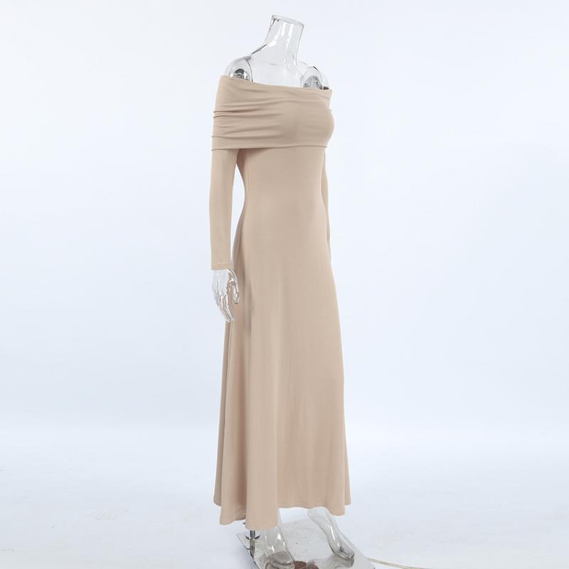 Осень-зима женское сексуальное платье макси с открытыми плечами, однотонное черное платье без бретелек с длинным рукавом для женщин, вечерние платья