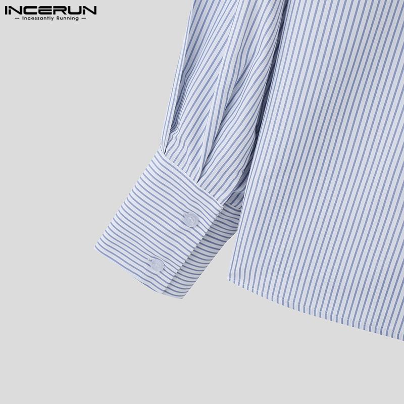 INCERUN Men Lapel Striped Front Cross Long Sleeve Shirts Loose Casual Tops