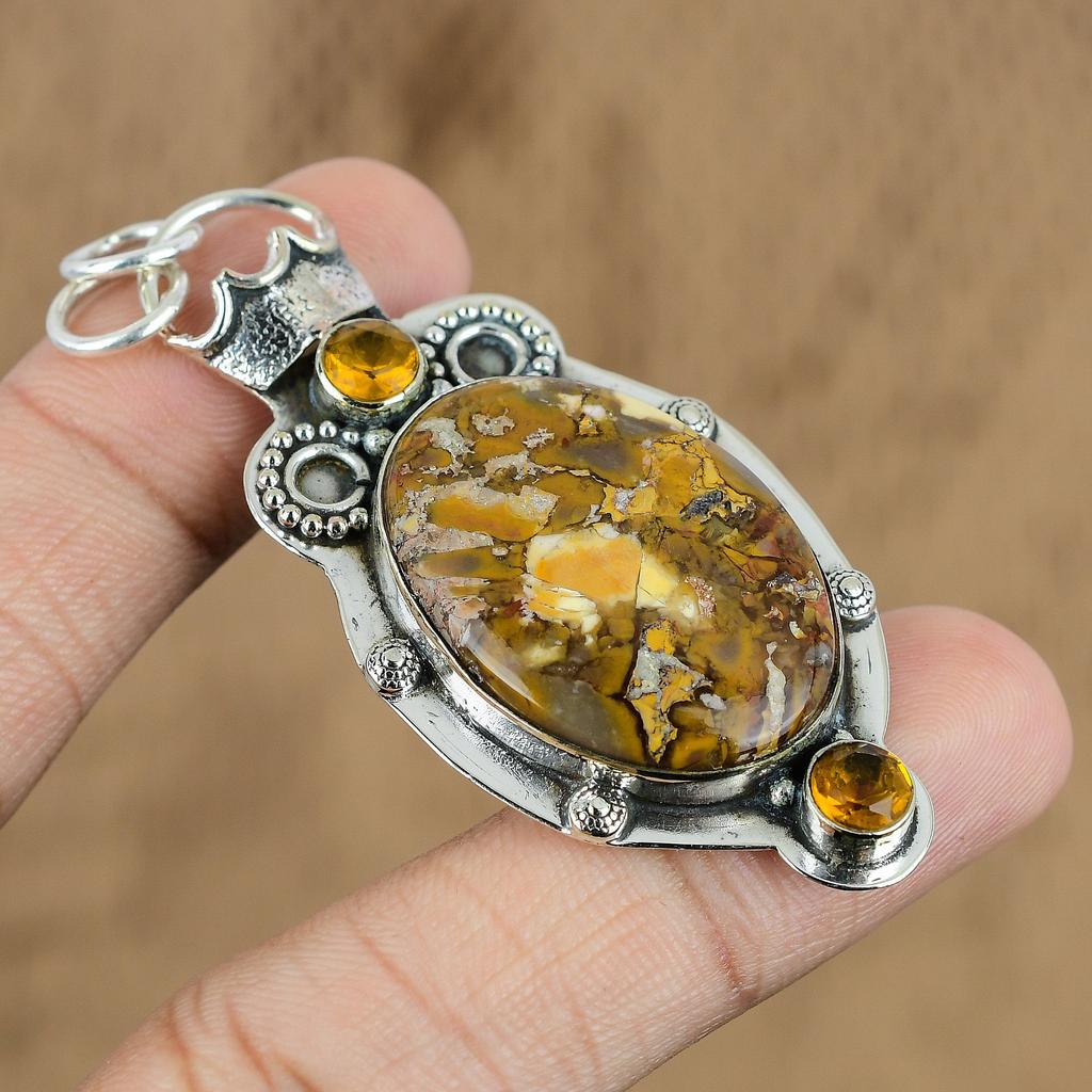 Oval Natural Brecciated Mookaite Citrine 925 Sterling Silver Engagement Pendant