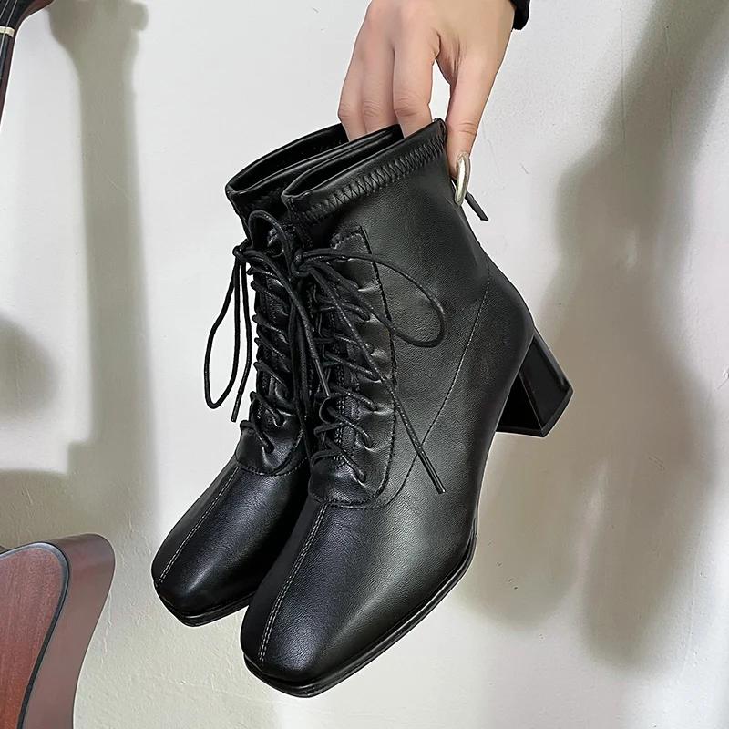 Comfortable Women's Boots Square Toe Mid-calf Boots for Women British Style Thick Front Lace-up Women's Boots