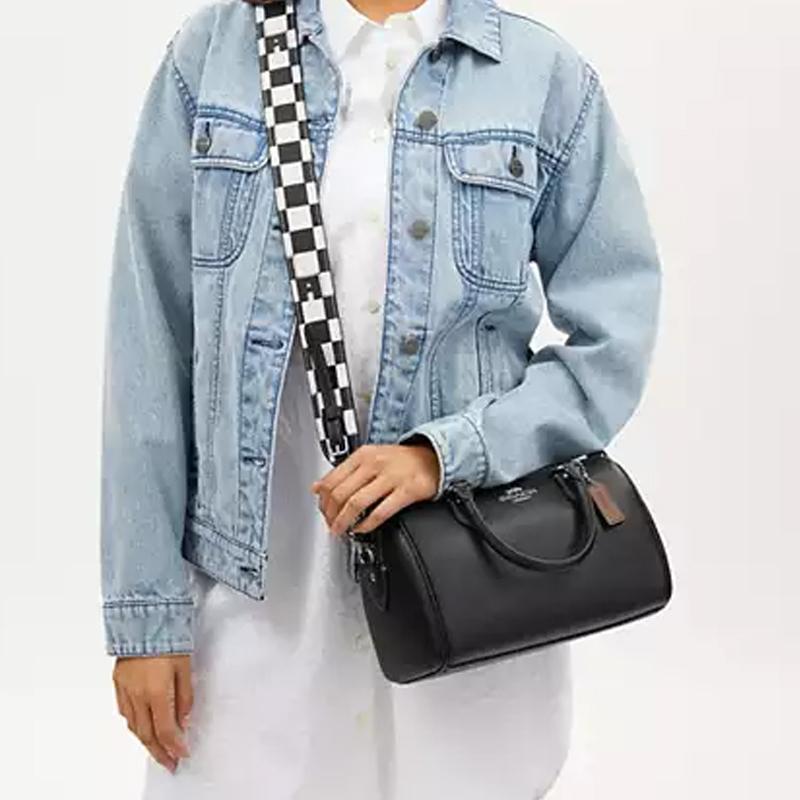 Coach Rowan 25 Checkered Print Design Leather And Canvas Tote Shoulder Crossbody Bag Medium Women bags Black CR102-SVA16
