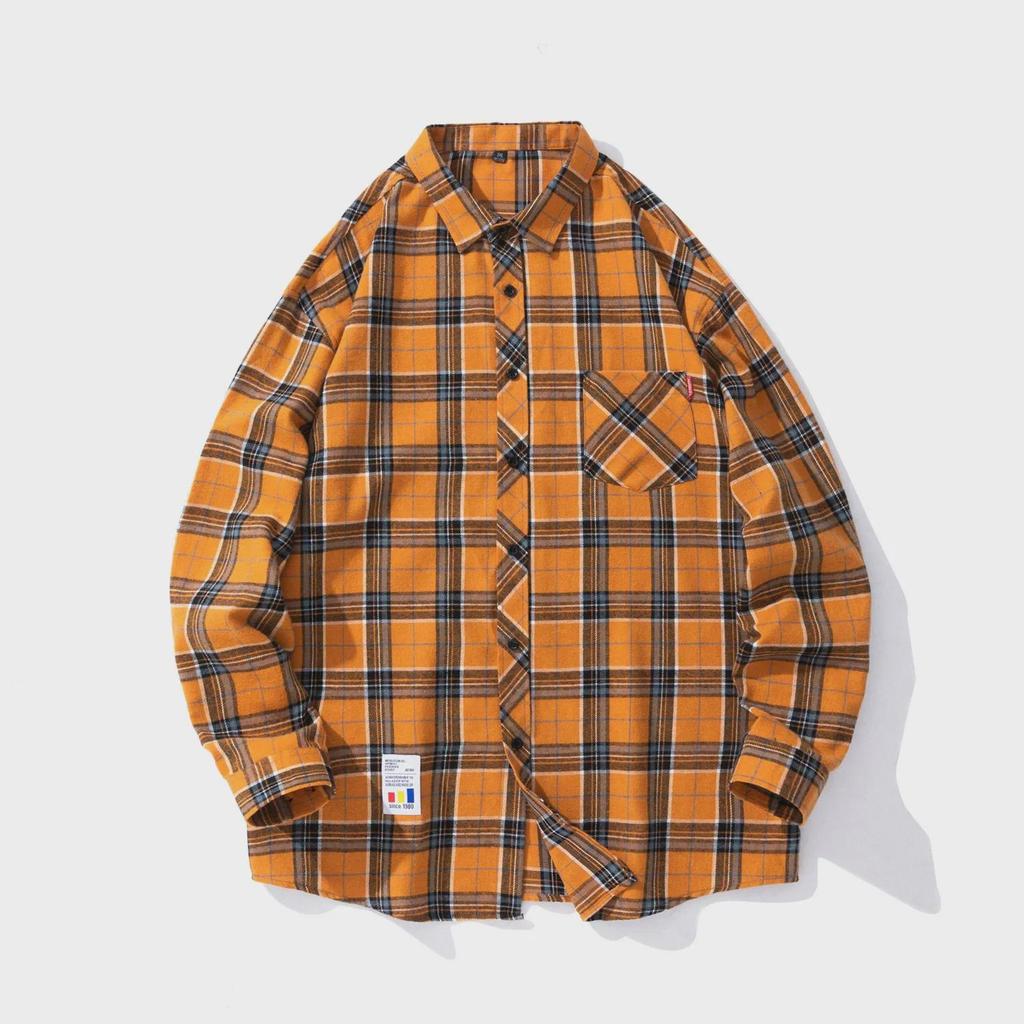 2024 Осень Модная клетчатая рубашка с длинным рукавом унисекс в корейском стиле Свободная повседневная рубашка