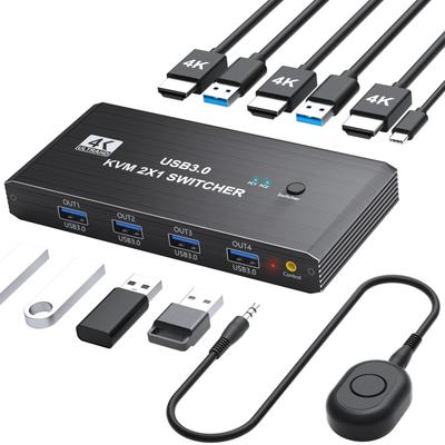 KVM-переключатель, HDMI 2 входа 1 выход 4K@60Hz, USB 3.0 KVM-переключатель для переключения между 2 ПК и 1 монитором, 4 USB-порта для совместного использования клавиатуры, мыши, принтера
