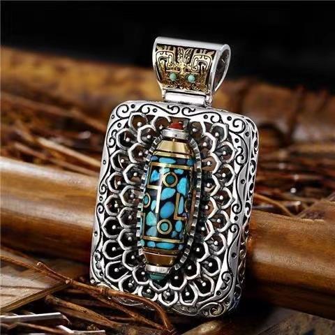 Retro High-end Ten Thousand Buddhas Chaozong Turquoise Rotatable Dzi Bead Pendant Taotie National Trend
