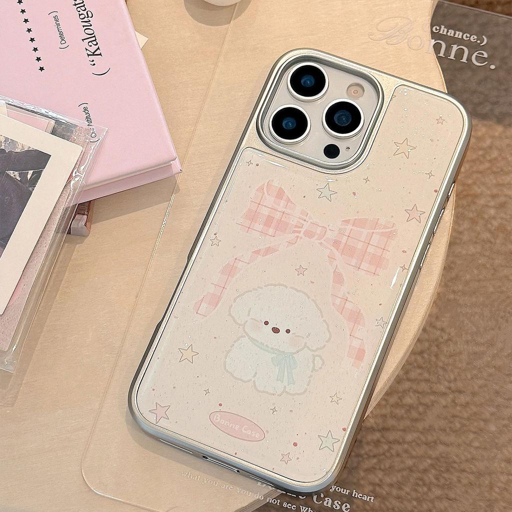 Чехол в стиле Instagram с бантом для щенка для IPhone 17, 16 Pro Max, IPhone 15, Блестки из эпоксидной смолы, Жесткий Huawei 17 мм