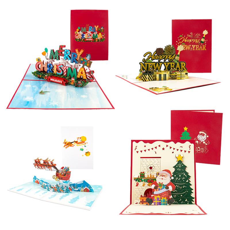 Folding Christmas 3D Pop UP Greeting Card With Envelope Santa Claus Snowman Xmas Invitation Card Postcard Navidad Supplies