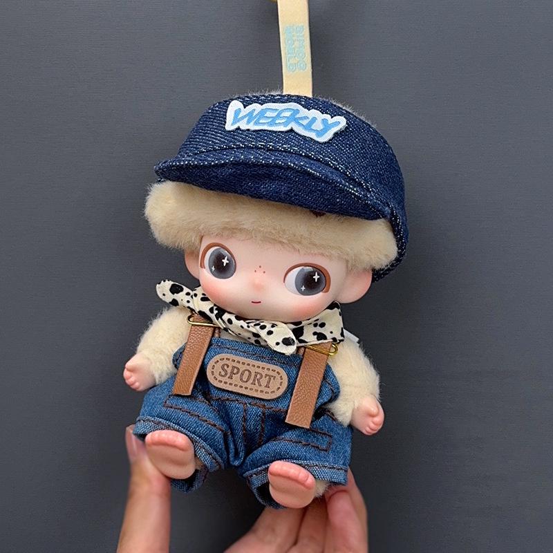 In Stock: Cute Denim Cap & Overalls Set for Dimo Newborn Diary Doll - Plush Toy Blind Box Clothes
