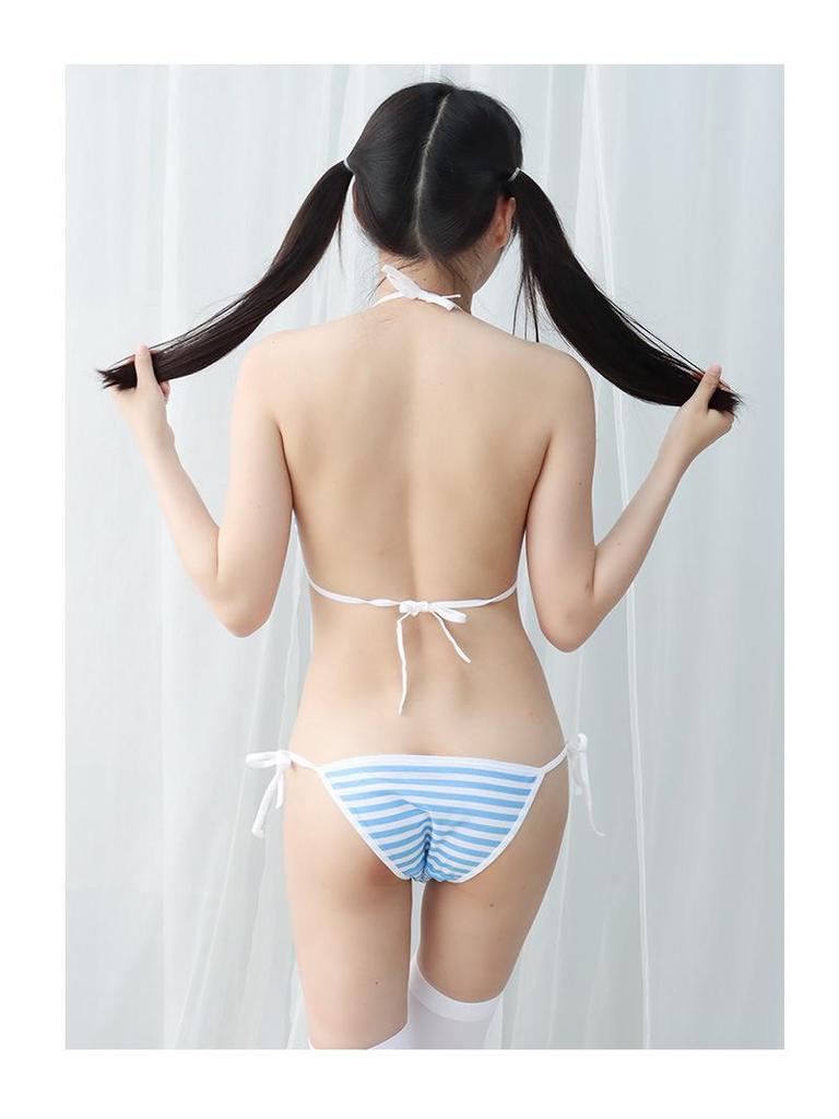 Blue & White Striped Lace-Up Bikini Set with Panties - S0326