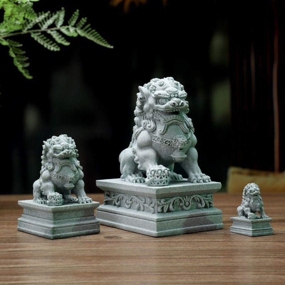 2Pcs Traditional Craft Awakening Lion Statue Sandstone Feng Shui Figurine Landscape Decoration