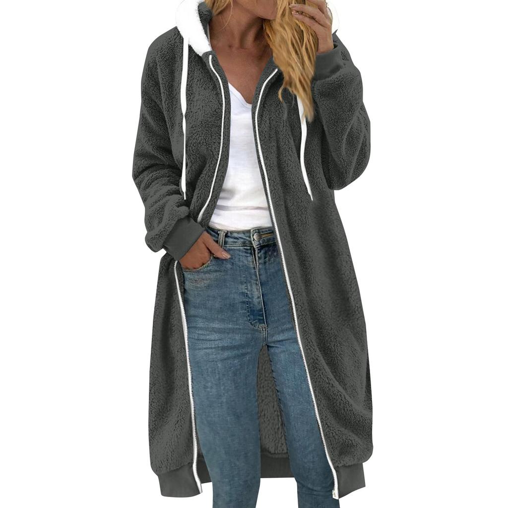 Женское однотонное двустороннее плюшевое пальто средней длины с капюшоном и карманами