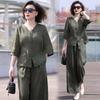 Летний женский повседневный костюм из льна Tencel в корейском стиле для мам среднего возраста, блузка с широкими брюками, костюм из двух частей