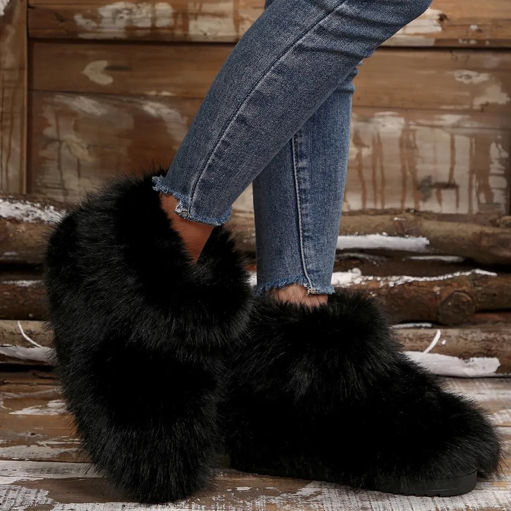 Fashion Women's Winter Snow Boots Outdoor Luxury Furry Faux Fox Fur Boots Woman Plush Warm Platform Shoes New Fashion Bottes Big Size