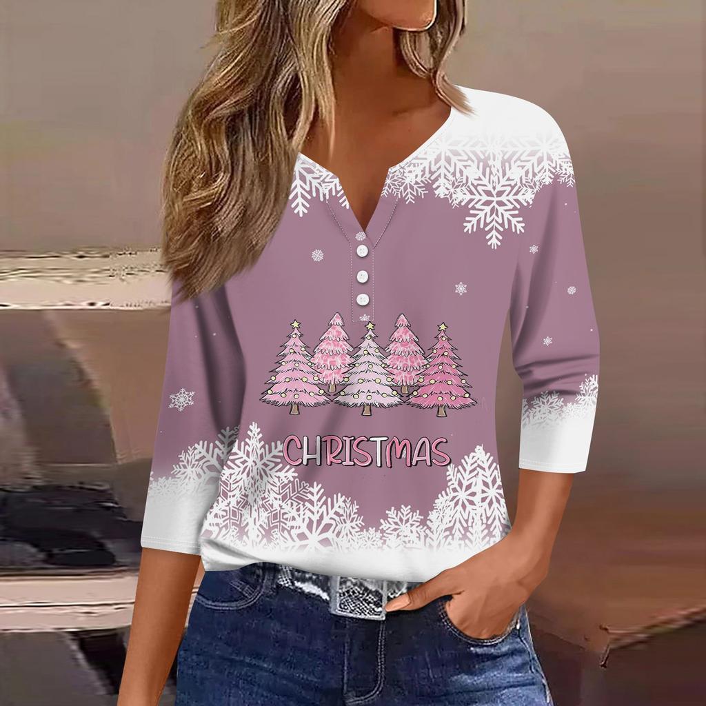 Women's T Shirt Tee Print Button 3/4 Sleeve Daily Weekend Fashion Basic V- Neck Regular Top