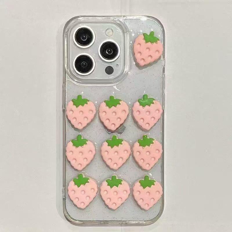 Трехмерный прозрачный чехол для мобильного телефона с клубникой для Iphone15Promax, блестящий, Apple 16, розовый, сердце девушки 17