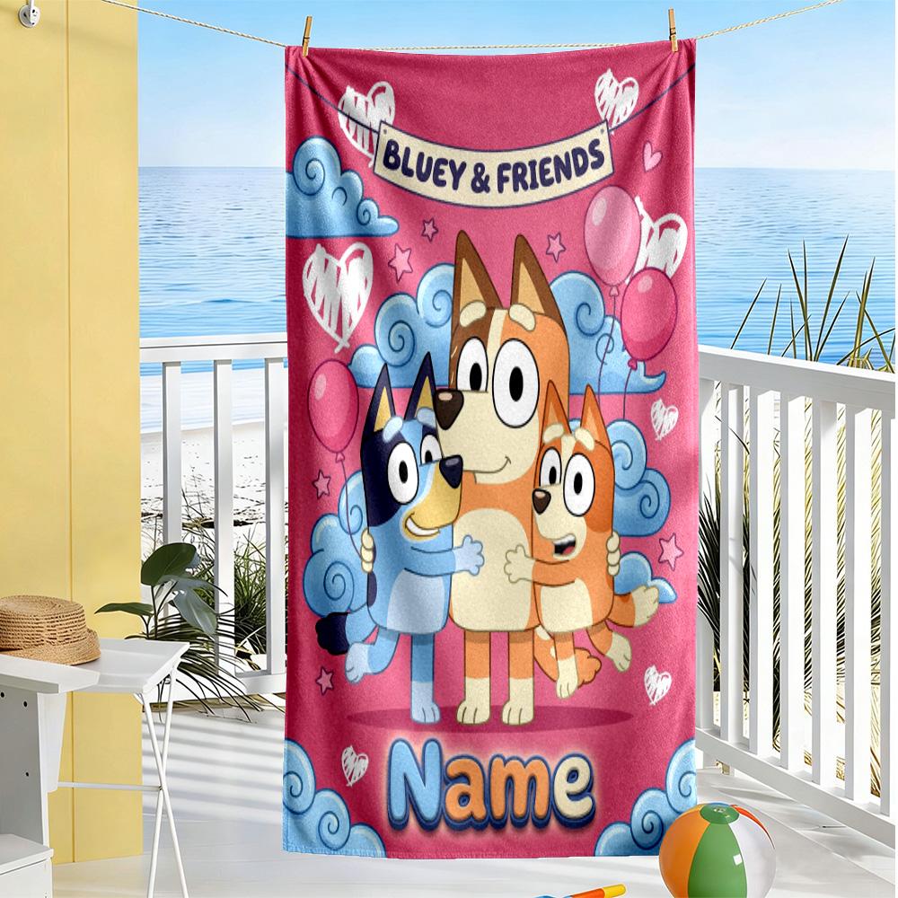Bluey Family Adventure Customizable Name Beach Towel Super Soft & Absorbent