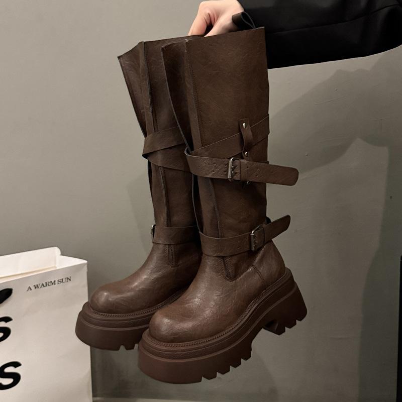 Осень-зима 2025 новая обувь в стиле ретро Майяр, женские универсальные ботинки на толстой подошве, ботинки с высоким голенищем и круглым носком
