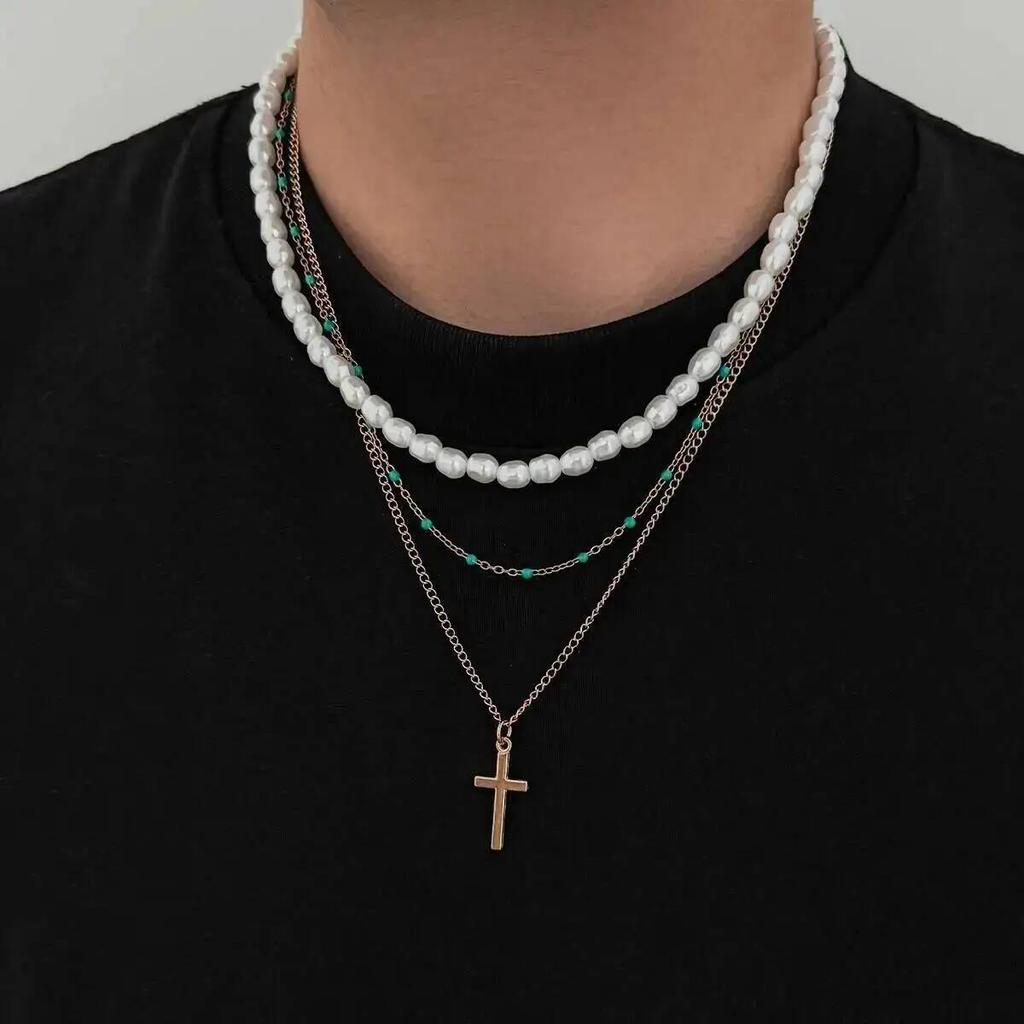 SHIXIN 3Pcs/Set Punk Imitation Pearl Chain Jesus Cross Pendant Necklace for Women Hip Hop Layered Chain New Fashion Jewelry 2026