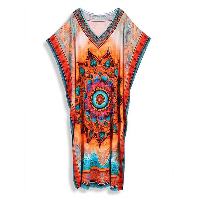 EDOLYNSA Повседневный Бохо с принтом V-образного выреза большого размера, свободное платье-кафтан, домашнее платье 2024 года, женская летняя пляжная одежда, купальник, прикрывающий свободный халат Q1594