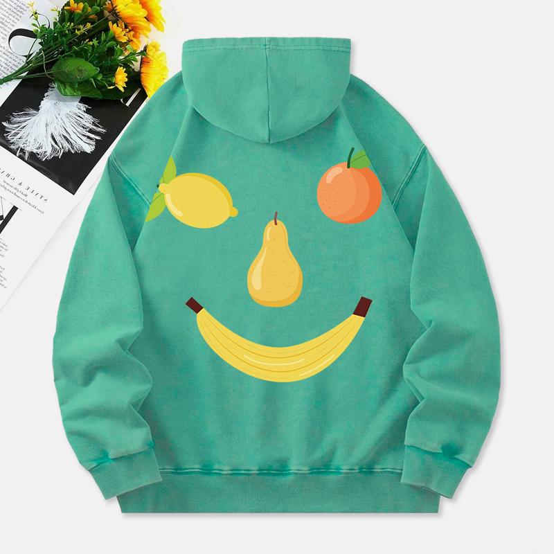 Fruit Smiling Face Washed Hoodies Women Funny Design Printing Cotton Hooded Oversize Pocket Warm Womans Clothes