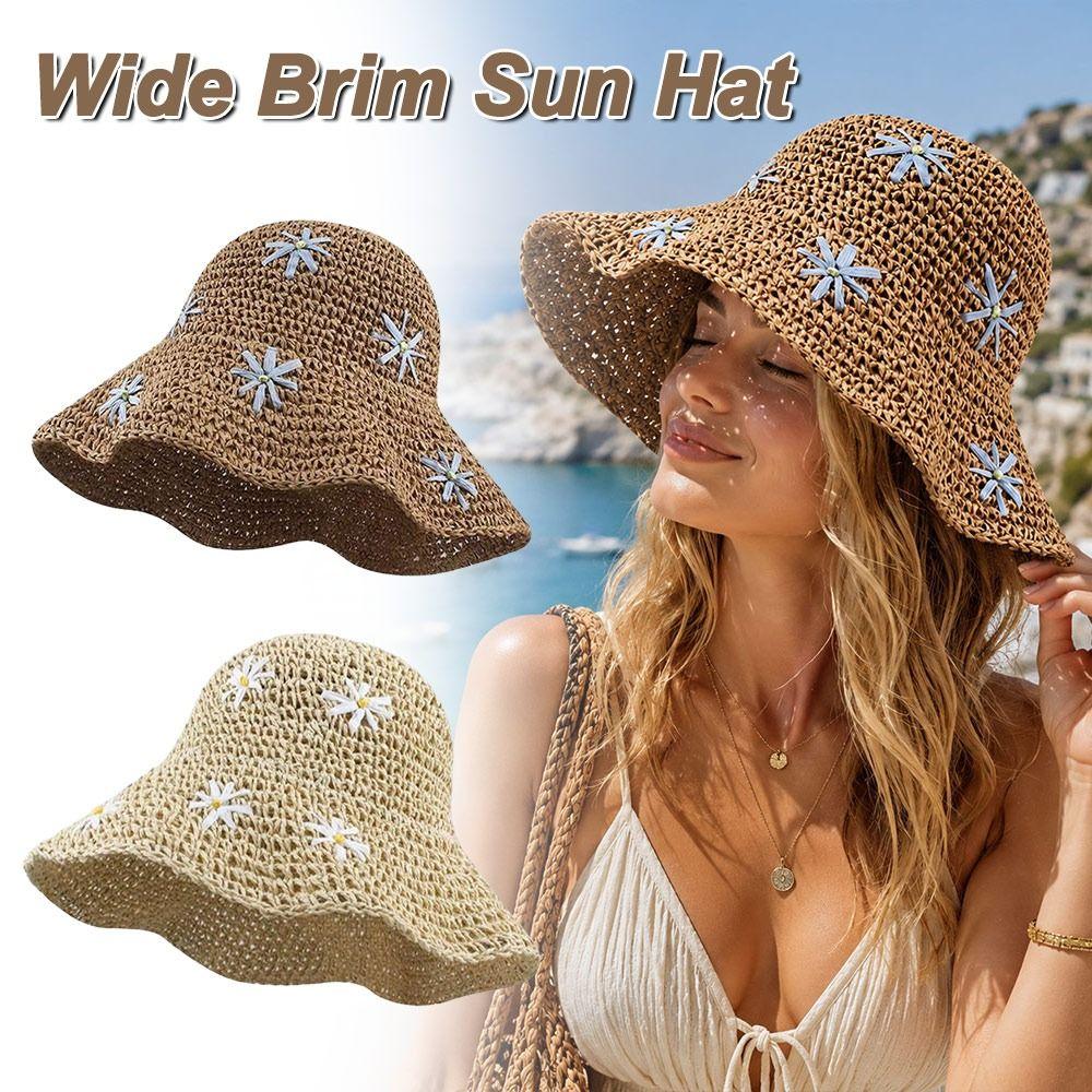 Straw Beach Sun Hat Flower Fisherman Cap Fashion Bucket Hat for Women