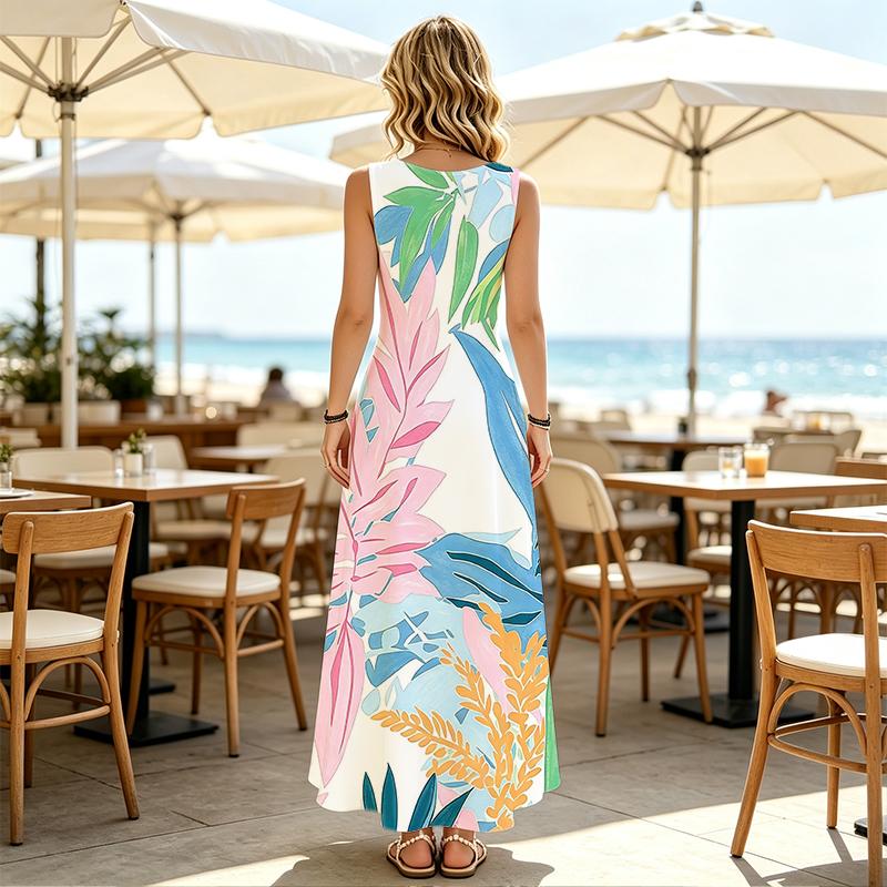 Tropical Plant Collection Flattering Sleeveless Floor-Length Maxi Dress Lightweight,Flowy Skirt,Vivid Colors Versatile for Daily Casual & Vacation