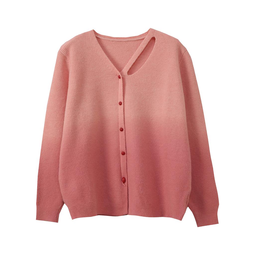 Large size women's sweet V-neck knitted cardigan autumn and winter gradual change candy color sister sweater 343310
