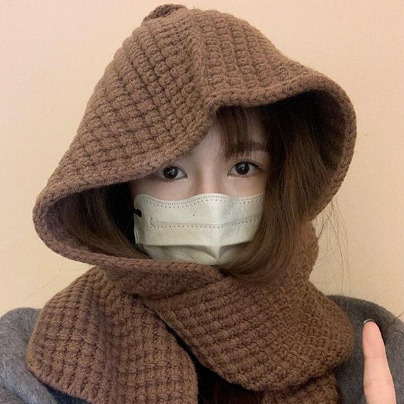Autumn Winter Knitted Hat with Integrated Scarf Hooded Wool Cap Warm Ear Protection Shawl