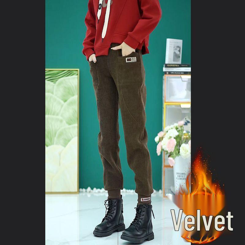 Женские европейские хлопковые велюровые утепленные спортивные штаны - Теплые брюки свободного кроя для осени/зимы 2024