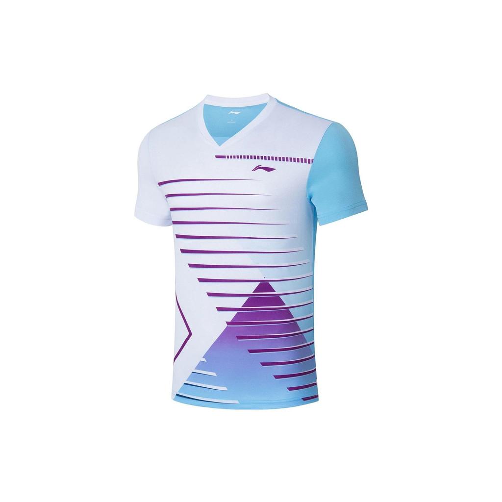 Li Ning Badminton Series Striped Logo Print V-Neck Short Sleeve T-Shirt Men Tops White AAYS073-3