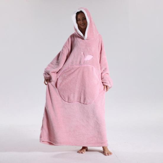 Winter Wearable Blanket Bathrobe with Big Pocket Thick Double-sided Fleece Loose Long Sleeves Pajamas Heat Retention Full Protection Home Lazy