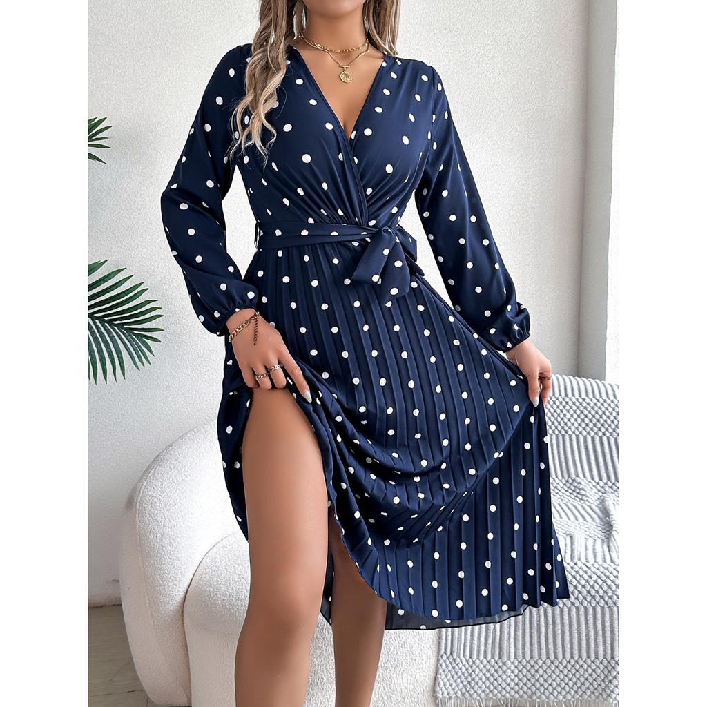 GMXIA Autumn and Winter Elegant Contrasting Polka Dot Cross V-neck Pleated Long Dress Women's Wear
