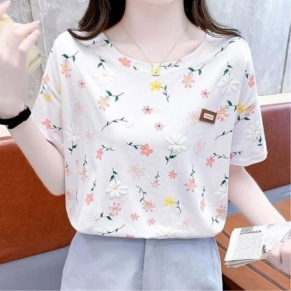 New ArrivalS Open Run Women S Flower PaTTern 3d FiT Round Neck ShorT Sleeve T Sh