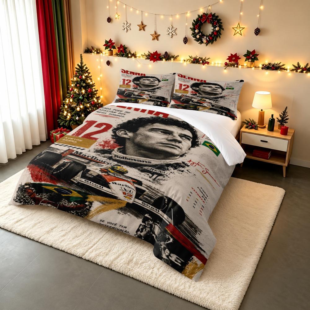Ayrton Senna Vintage Collage Poster 12 Bedding set (1 duvet cover, 2 pillowcases, duvet not included), Retro F1 Champion Tribute Art Print