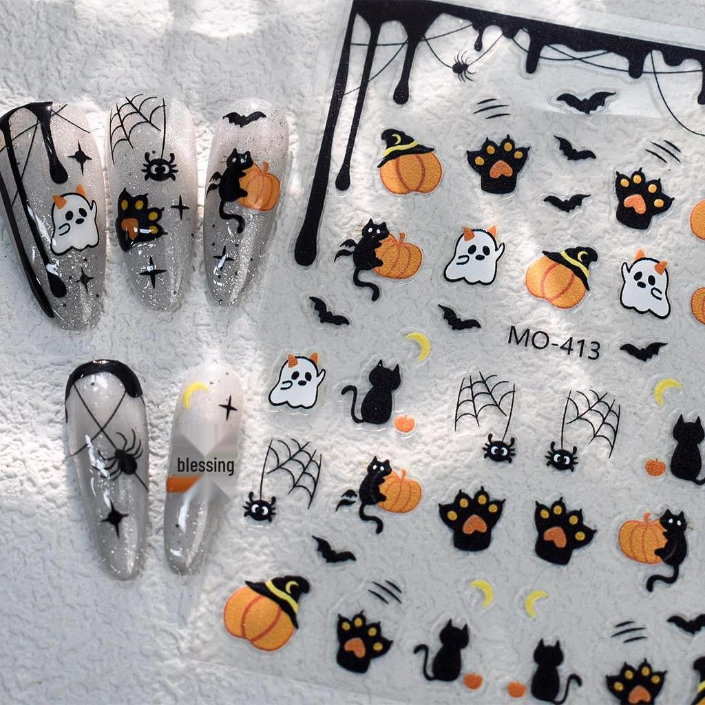 Хэллоуинские наклейки на ногти с привидениями и тыквами - Забавные самоклеящиеся украшения