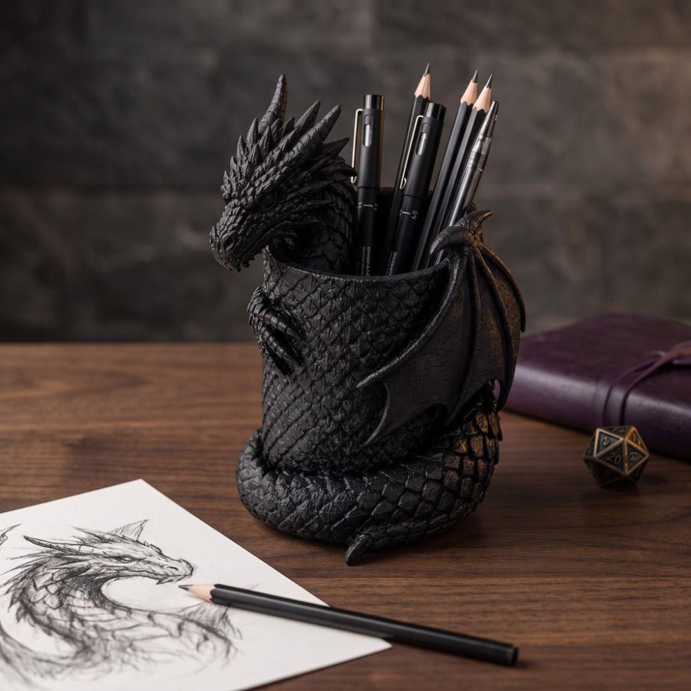 3D Printed Dragon Pen Holder Statue Realistic Makeup Brush Box School Desk