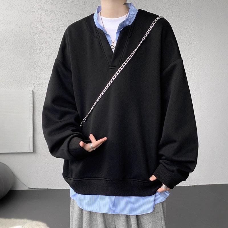 Мужской осенний свитер с V-образным вырезом, имитирующий двойку, свободного кроя, большого размера, куртка в университетском стиле