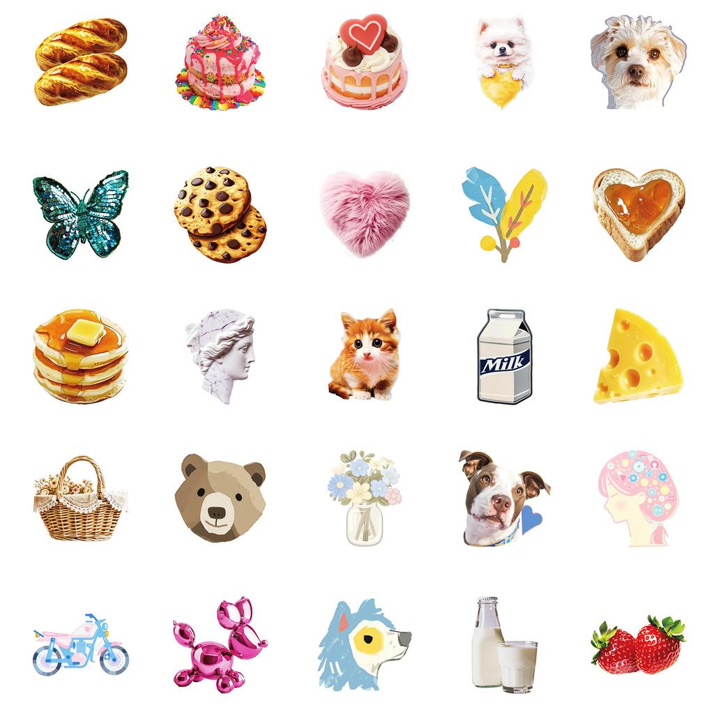50 New Style Ins Style Girl Graffiti Stickers Cute Cat Dessert Doll Waterproof Stickers