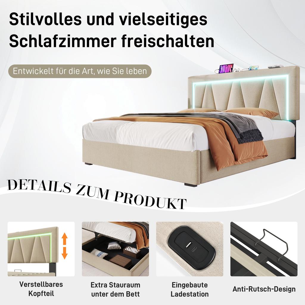 Upholstered LED Double Bed with USB Type C Charging and LED Lighting, Storage Bed Frame, Linen, Youth Bed 140x200 with Slatted Frame (No Mattress)