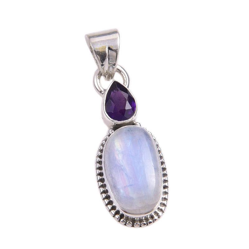 Natural Rainbow Moonstone, Amethyst Gemstone 925 Solid Silver Pendant 1.50" g6d45