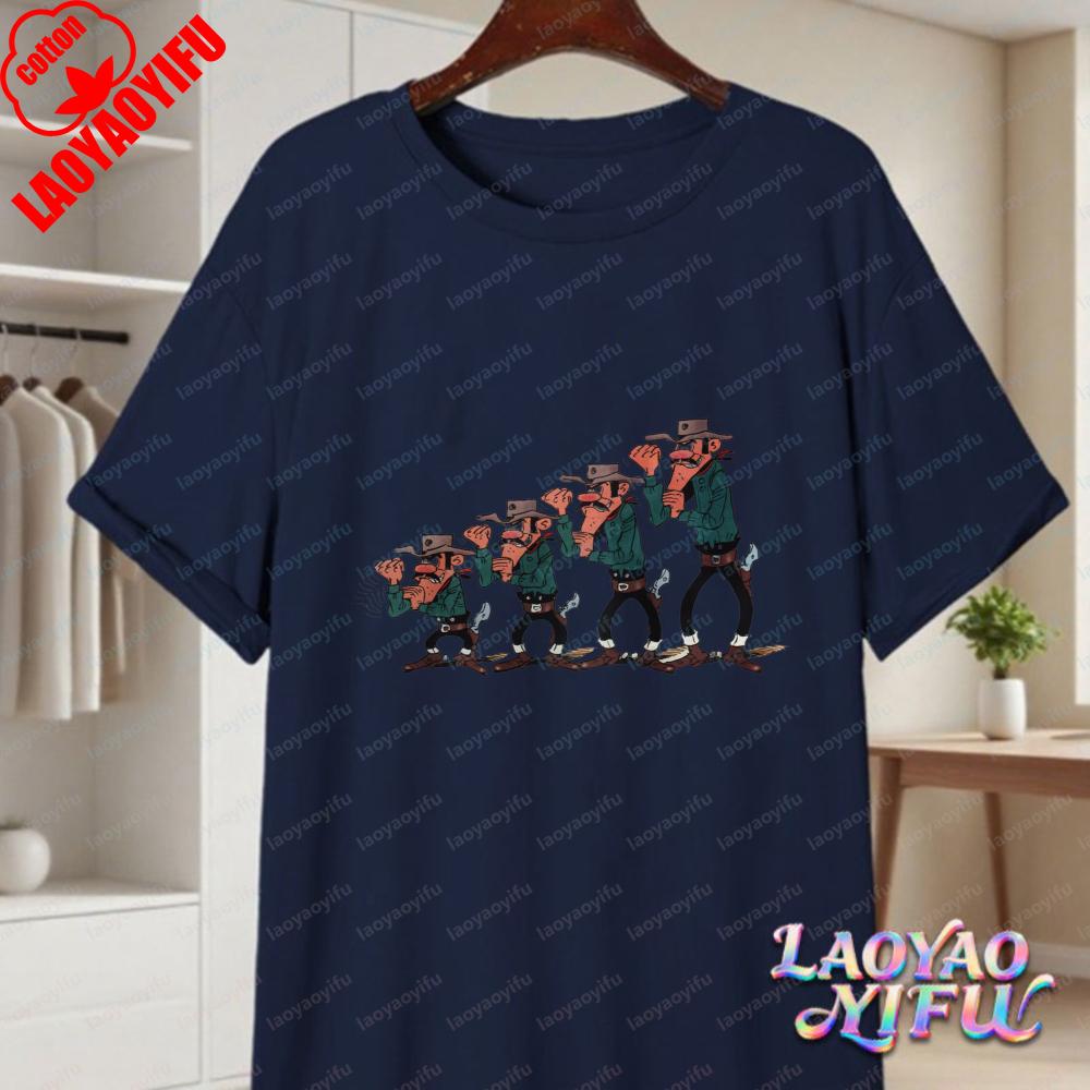 Classic Lucky Luke Cast Print Casual Tops Retro Western Animation Cotton TShirt Summer Casual Wear for Unisex Women Trendy Tee