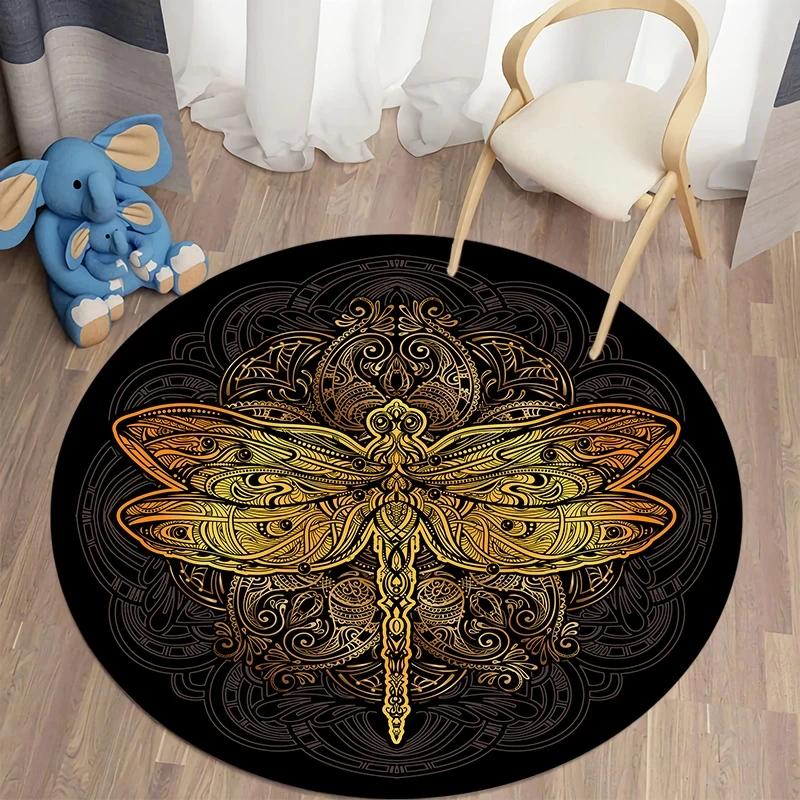 Bohemian Dragonfly Round Carpet Soft Floor Mat For Living Room Sofa Chair Children's Room Non-slip Area Rug Home Decor Doormat