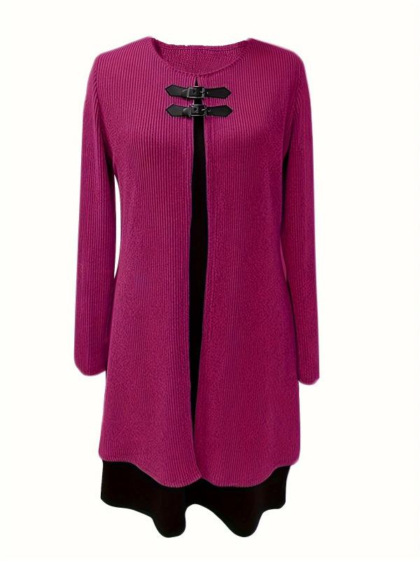 Осенне-весеннее женское платье из двух частей, трапециевидной формы с длинным рукавом, свободный подол, круглая шея, декор с пряжкой, вязаное мягкое цветное платье миди длиной до колена