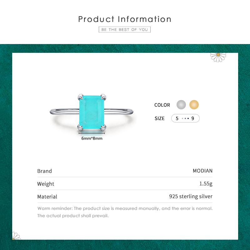 MODIAN 925 Sterling Silver Classic Rectangle Tourmaline Female Finger Ring For Women Charm Fine Jewelry